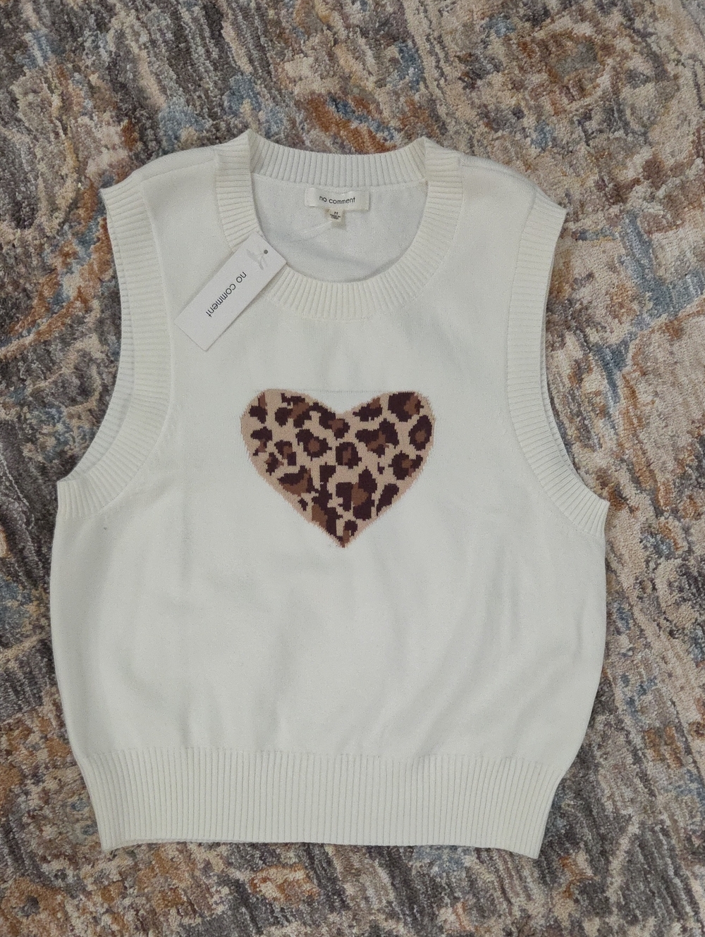 Juniors Cream Sleeveless Sweater Vest with Leopard Heart